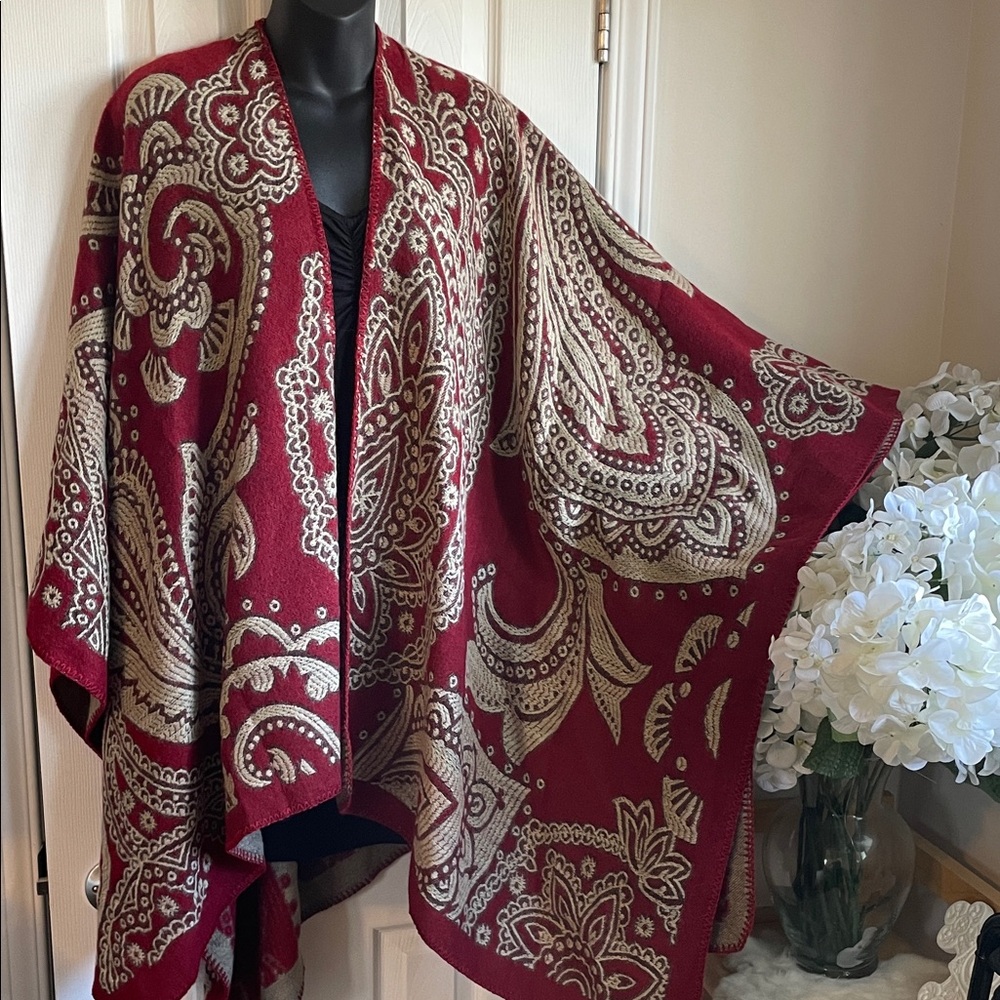 Coziest and So Pretty, Red and Cream Paisley Women's Reversible Poncho Cape
